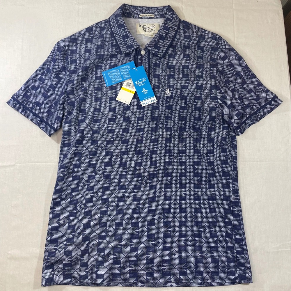 Original Penguin Heritage Slim Fit Polo Shirt Blue Geometric Print Mens Medium